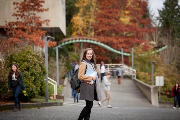 A female student of VIU's employability skills training program on her way to class