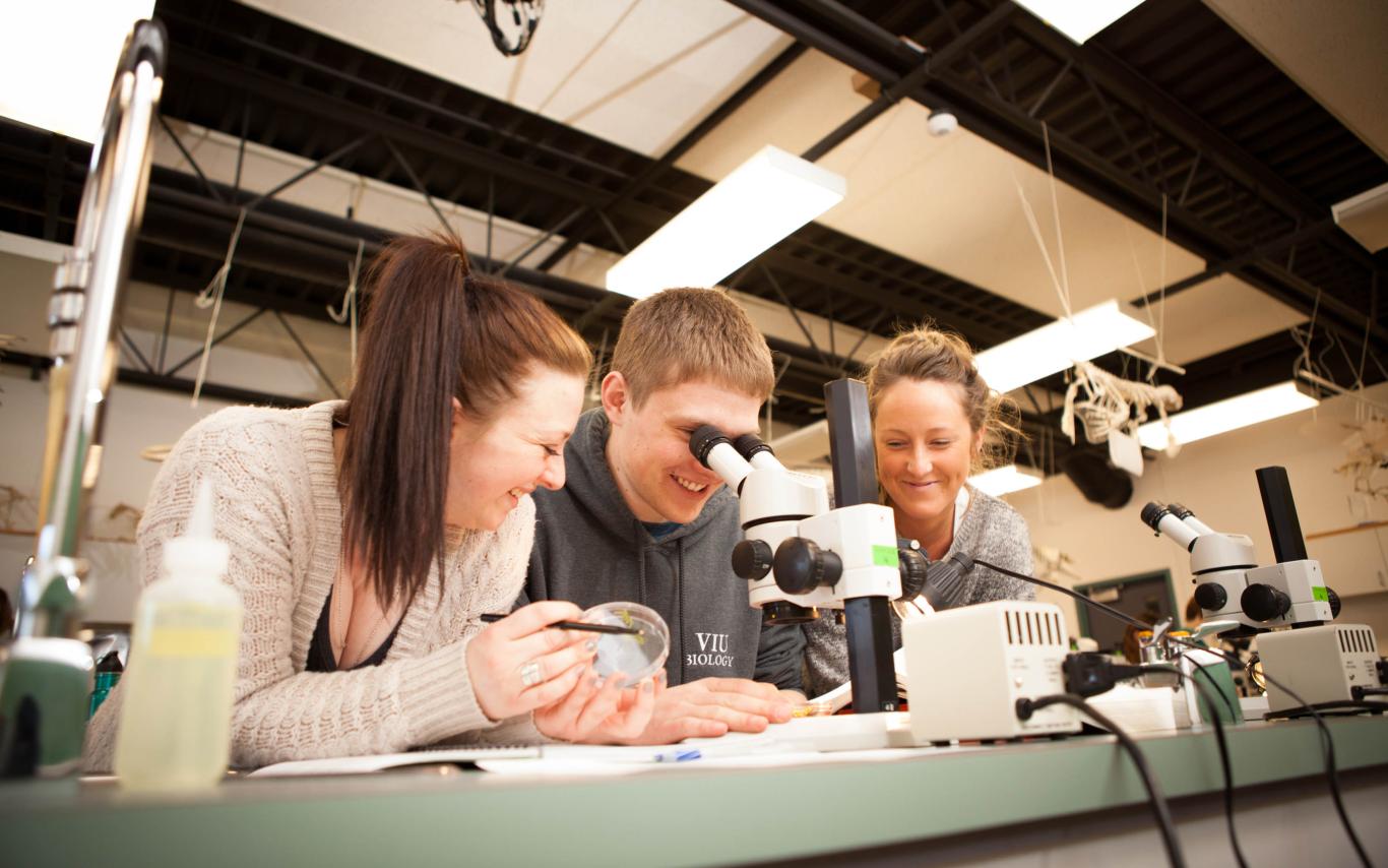 Students of the Bachelor of Arts, Major and Minor in Biology working with a microscope