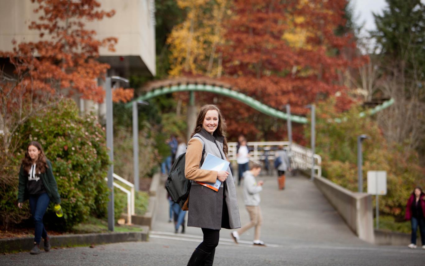 A female student of VIU's employability skills training program on her way to class