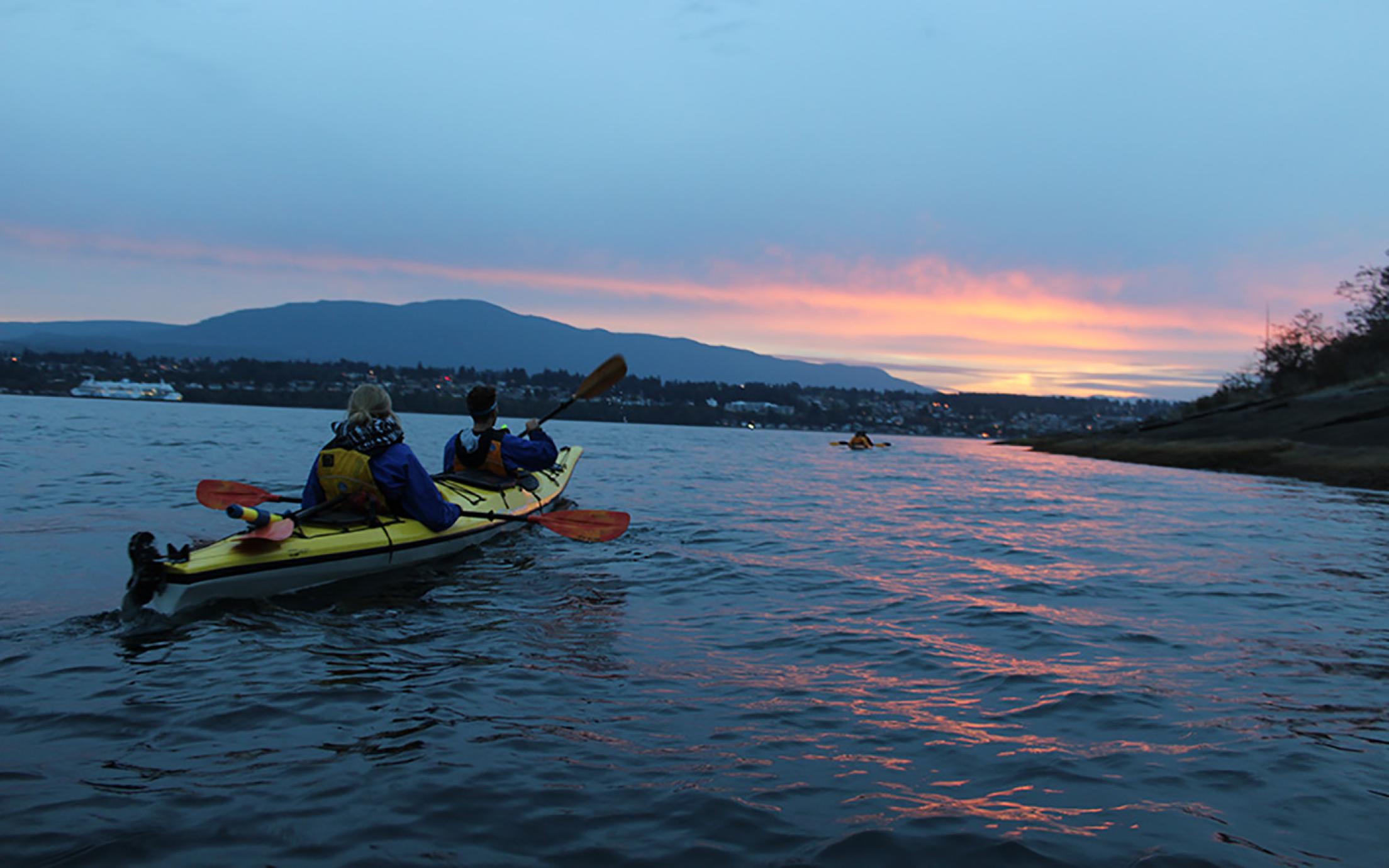 Two people kayaking towards a sunset.