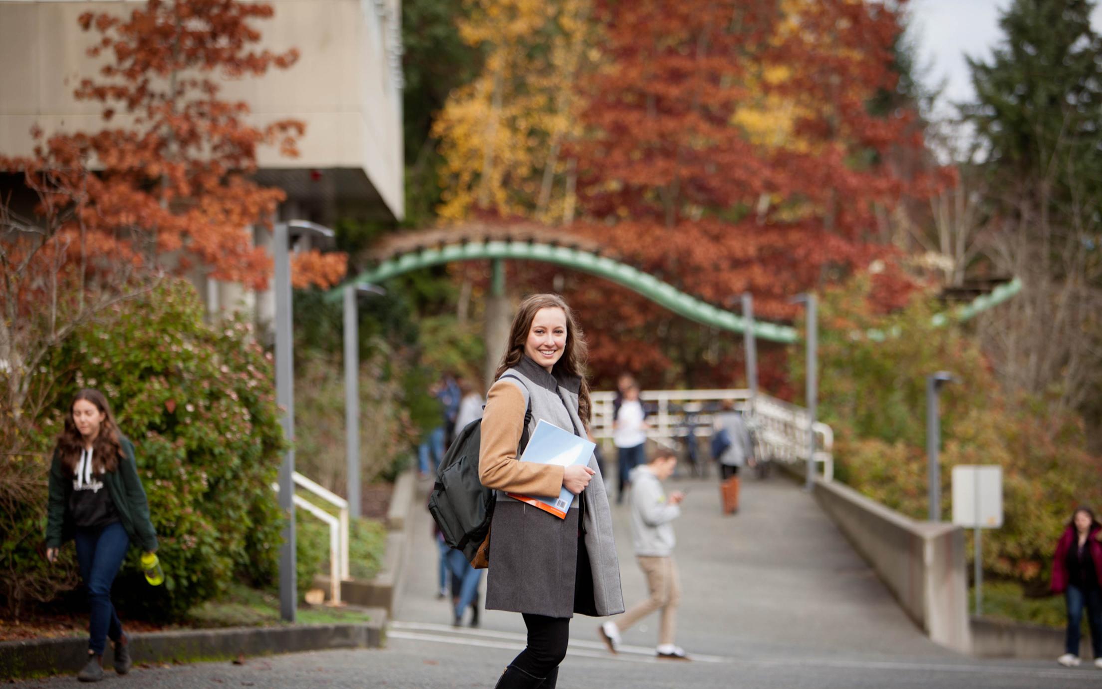 A female student of VIU's employability skills training program on her way to class