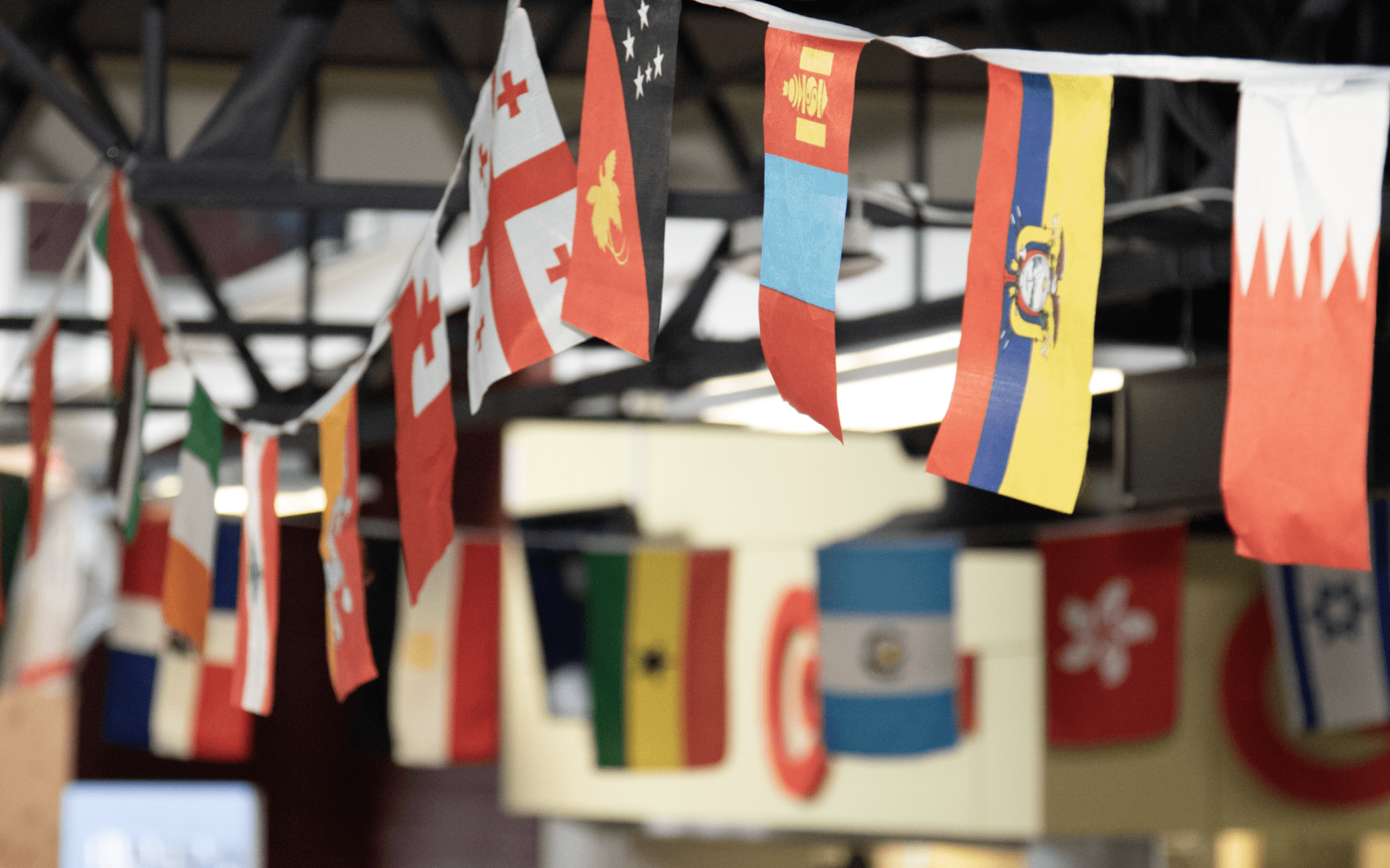 Flags from around the world strung on a banner