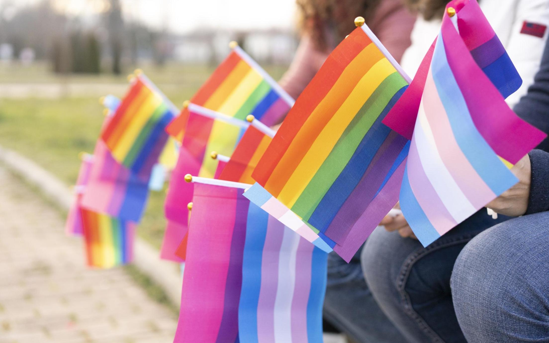 A closeup of multiple trans and pride flags.