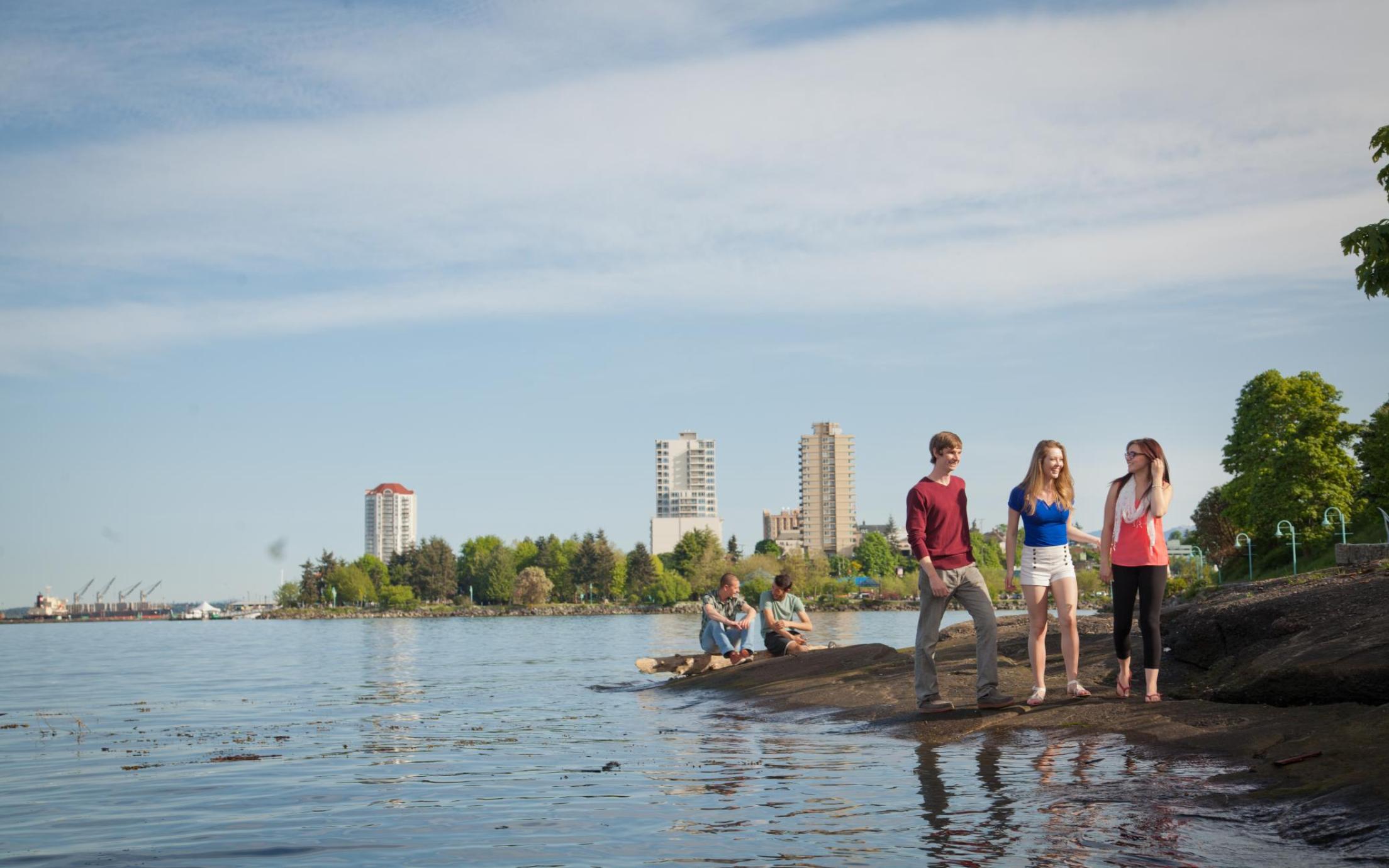 Two groups of students enjoy the waterfront in downtown Nanaimo