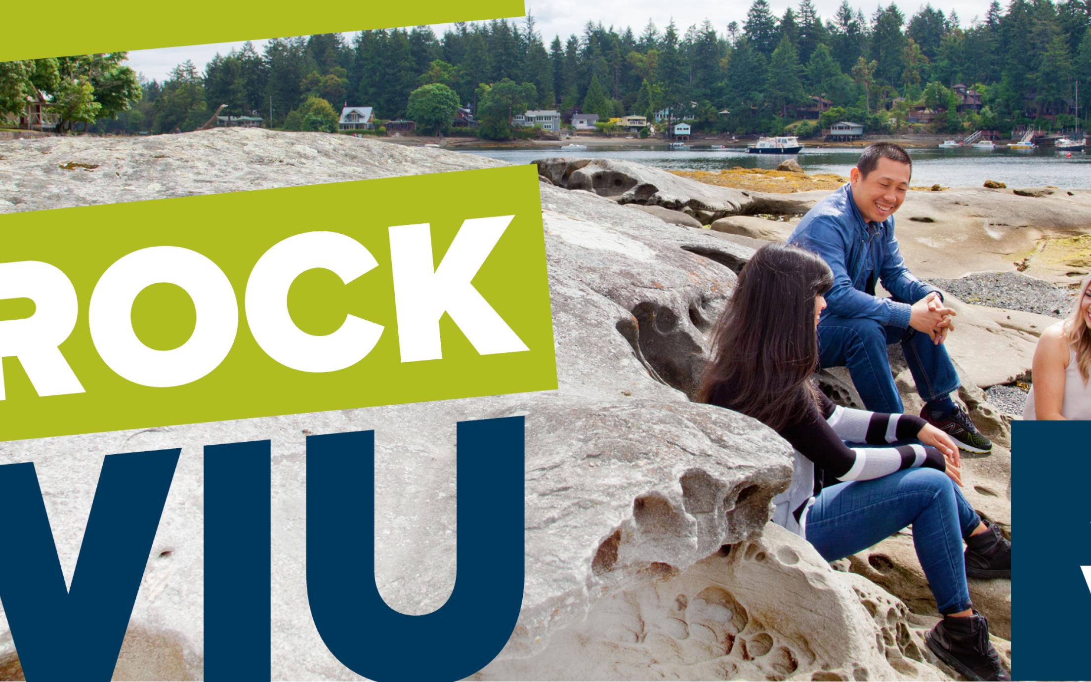 Rock VIU logo with students on a beach in background