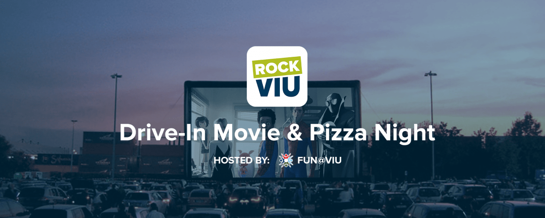 A large outdoor movie screen with the text Drive-In Movie & Pizza Night written across it.