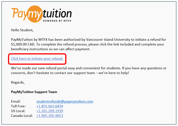 PayMyTuition Refund Screen Shot