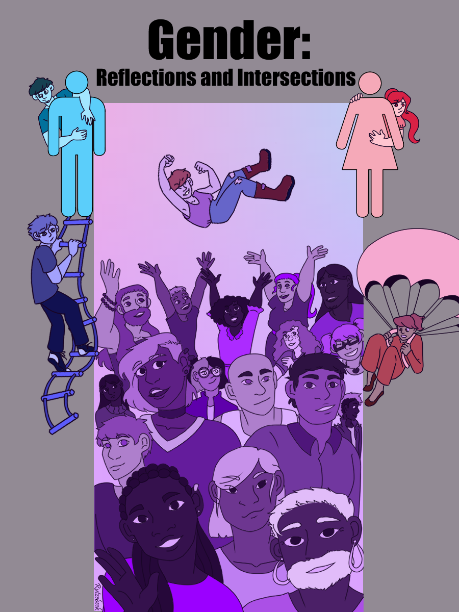 Book cover that says Gender:Reflections and Intersections with drawings of people in various shades of purple.
