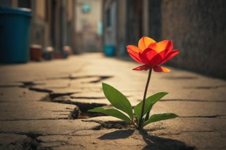 a flower grows out of concrete