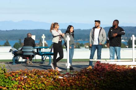Students chatting on the roof of Building 300, VIU Nanaimo campus