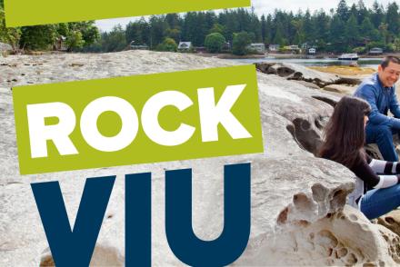 Rock VIU logo with students on a beach in background
