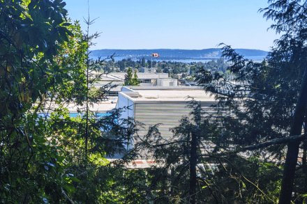 View of VIU campus looking towards Gabriola Island on sunny day