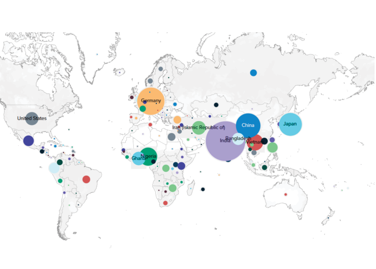 World map showing distribution of international students' home countries. 