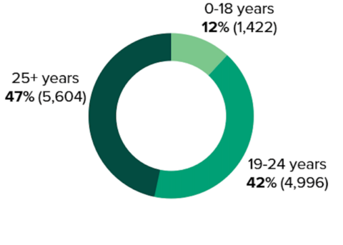25% 25 years and up, 42% 19 to 25 years, 12% 18 and under
