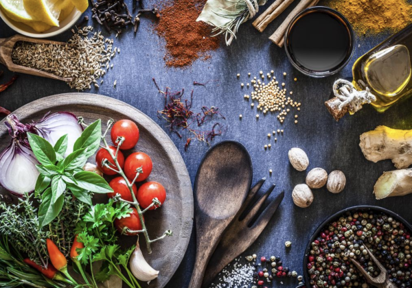 Fresh food ingredients on a tabletop. 